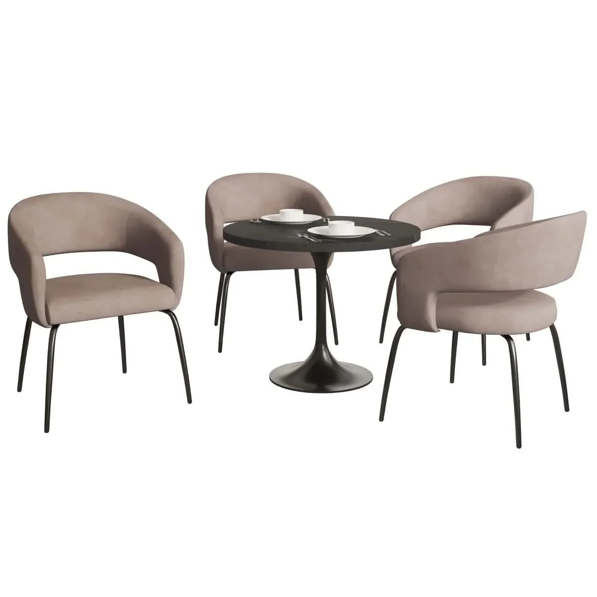 Verve 5-Piece Dining Set with 36" Round Dining Table in Black MDF Top and 4 Dining Chairs Upholstered in Velvet/Leather - Elax Furniture