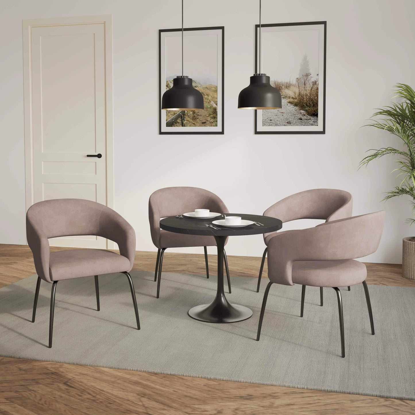 Verve 5-Piece Dining Set with 36" Round Dining Table in Black MDF Top and 4 Dining Chairs Upholstered in Velvet/Leather - Elax Furniture