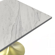 Verve Collection 24"Square Dining Table, Black/White/Brushed Gold Base with MDF Top 36 Inch Brushed Gold Marbled White Resin Dining Table Leisuremod