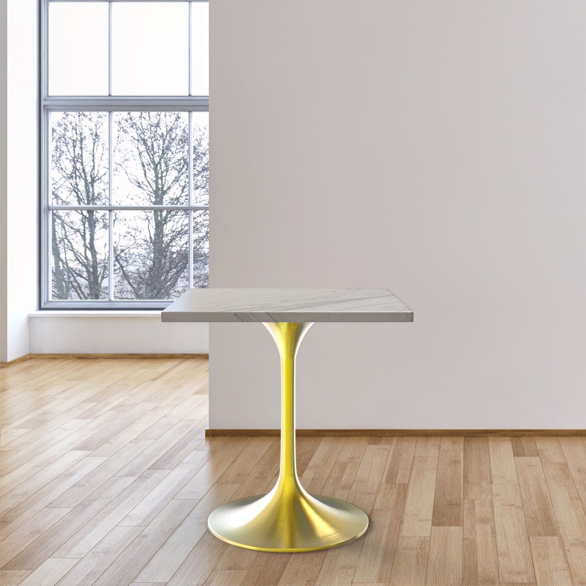 Verve Collection 24"Square Dining Table, Black/White/Brushed Gold Base with MDF Top 27 Inch Brushed Gold Marbled White Resin Dining Table Leisuremod