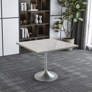 Verve Collection 24"Square Dining Table, Black/White/Brushed Gold Base with MDF Top 36 Inch Silver Marbled White Resin Dining Table Leisuremod