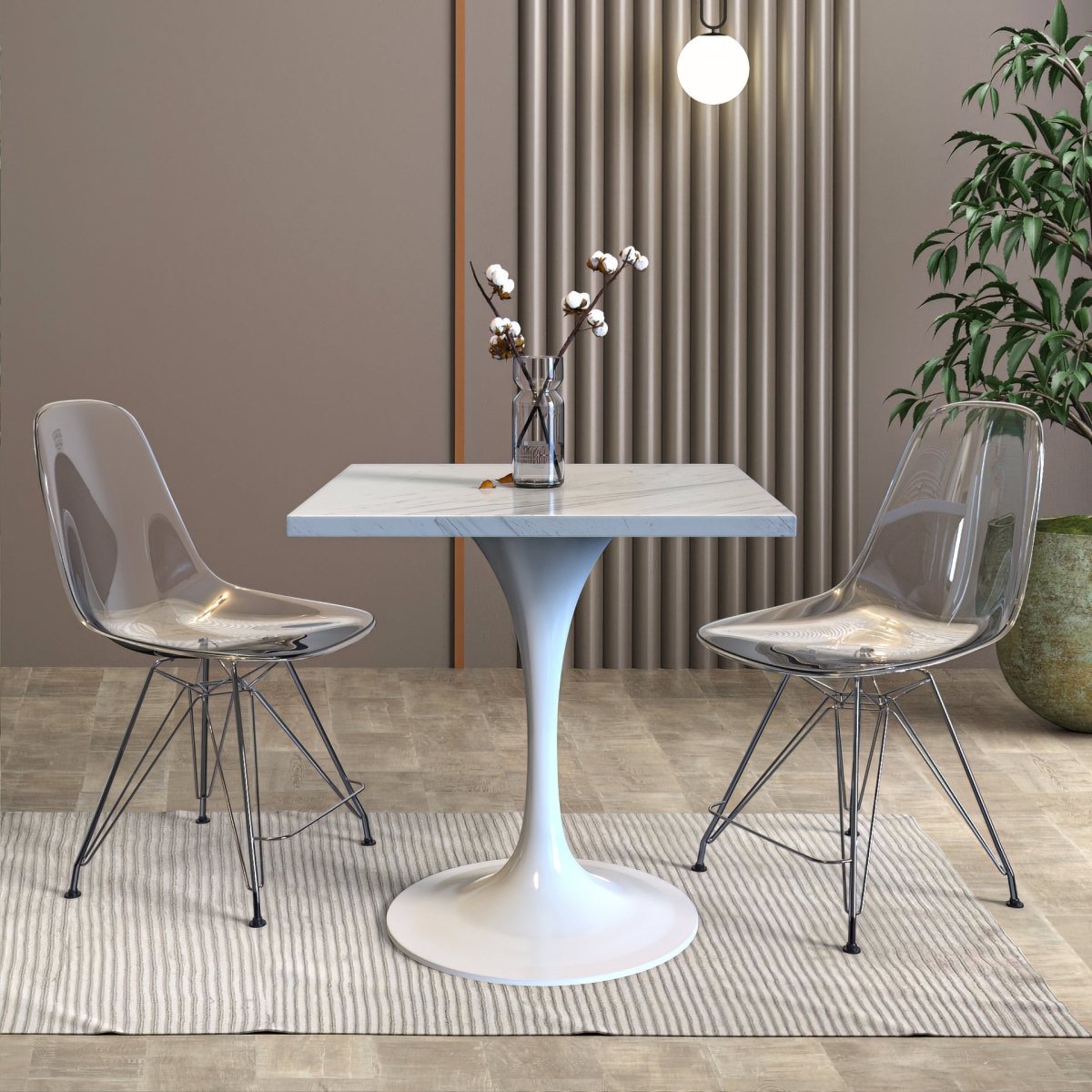 Verve Collection 24"Square Dining Table, Black/White/Brushed Gold Base with MDF Top 27 Inch White Marbled White Resin Dining Table Leisuremod