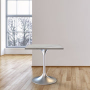 Verve Collection 24"Square Dining Table, Black/White/Brushed Gold Base with MDF Top 27 Inch Silver Marbled White Resin Dining Table Leisuremod