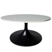 Verve Round Coffee Table with MDF/Resin/Sintered Stone Tabletop and Black Stainless Steel Base MDF 27 Inches Wide Light Natural Coffee Table Leisuremod