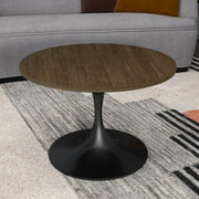 Verve Round Coffee Table with MDF/Resin/Sintered Stone Tabletop and Black Stainless Steel Base MDF 27 Inches Wide Dark Brown Coffee Table Leisuremod