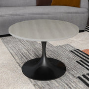Verve Round Coffee Table with MDF/Resin/Sintered Stone Tabletop and Black Stainless Steel Base MDF 27 Inches Wide Light Natural Coffee Table Leisuremod