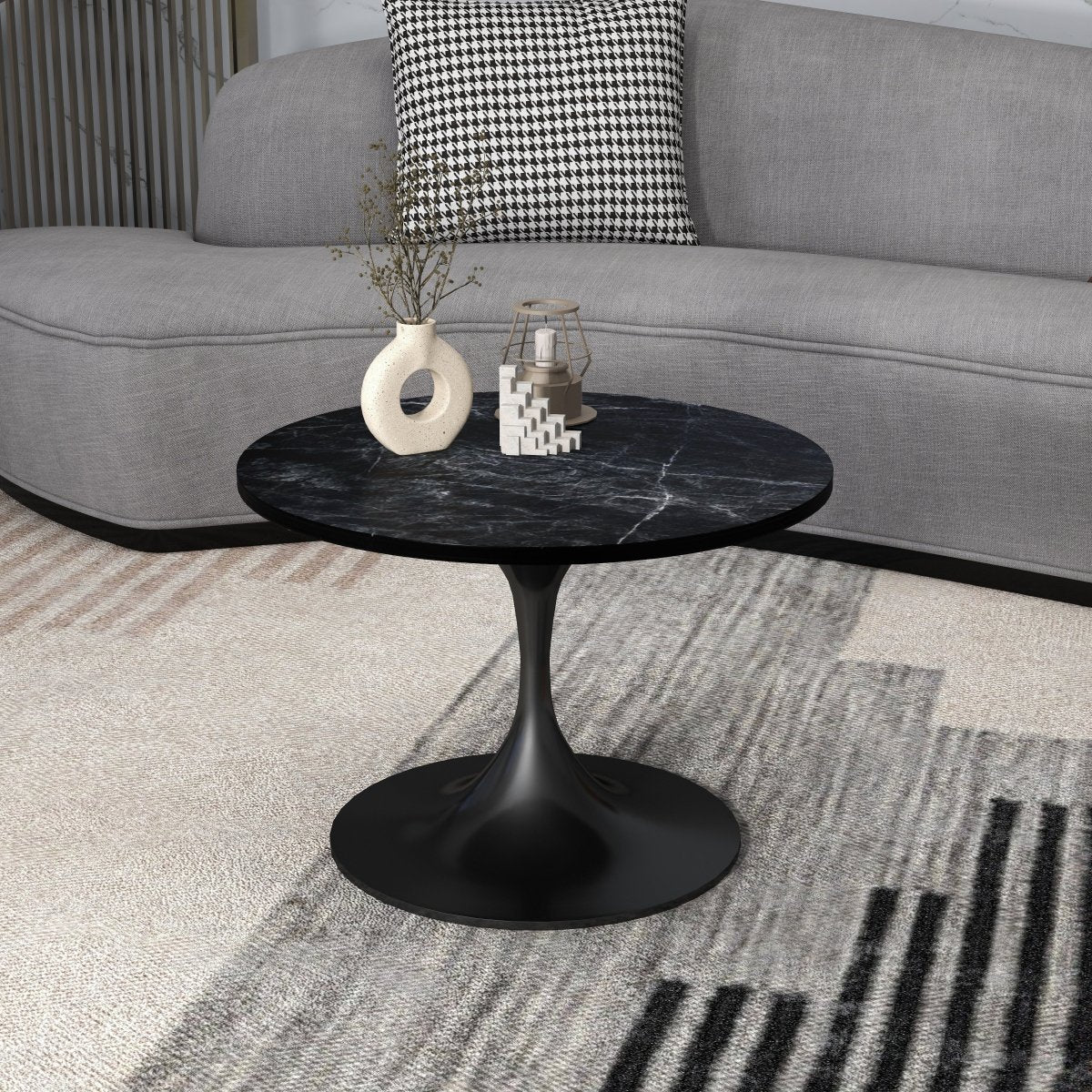 Verve Round Coffee Table with MDF/Resin/Sintered Stone Tabletop and Black Stainless Steel Base MDF 27 Inches Wide Black Marble Coffee Table Leisuremod