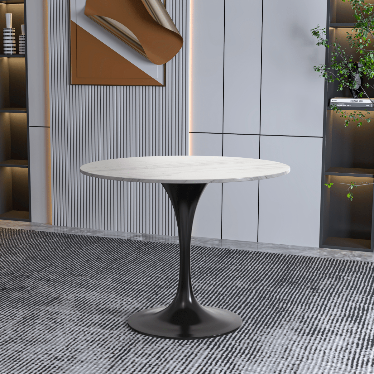 Verve Round Dining Table with MDF/Sintered Stone/Resin Tabletop in Black Stainless Steel Pedestal Base Sintered Stone 36 Inch White Dining Table Leisuremod