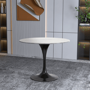 Verve Round Dining Table with MDF/Sintered Stone/Resin Tabletop in Black Stainless Steel Pedestal Base Sintered Stone 36 Inch White Dining Table Leisuremod