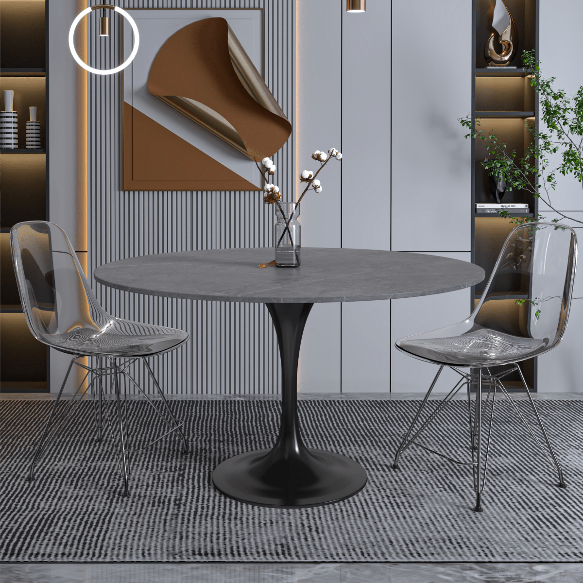 Verve Round Dining Table with MDF/Sintered Stone/Resin Tabletop in Black Stainless Steel Pedestal Base Sintered Stone 48 Inch Grey Dining Table Leisuremod
