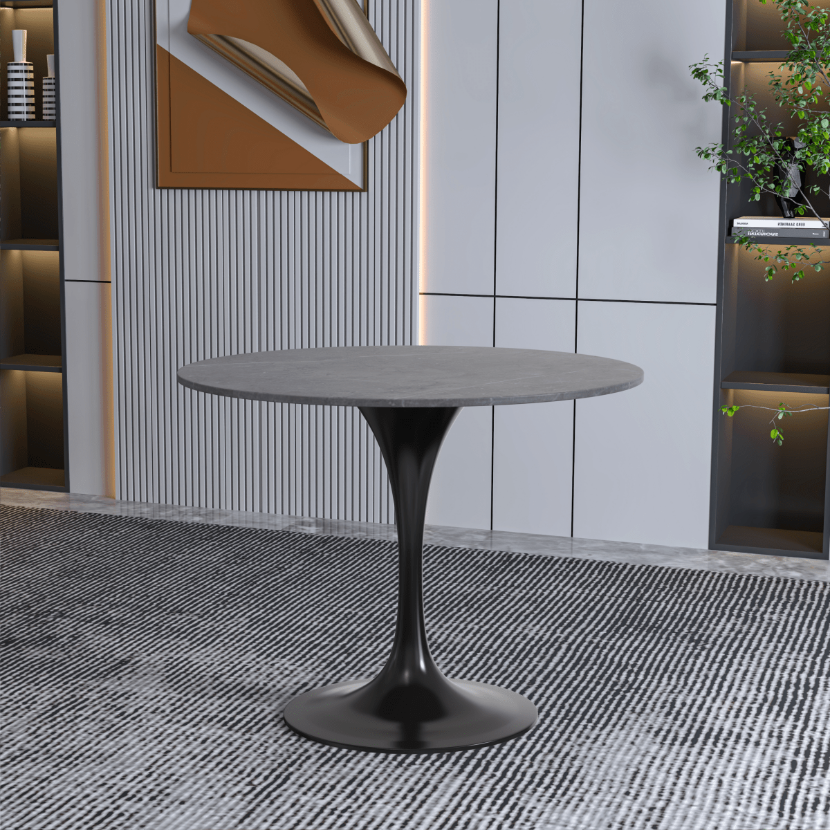 Verve Round Dining Table with MDF/Sintered Stone/Resin Tabletop in Black Stainless Steel Pedestal Base Sintered Stone 36 Inch Grey Dining Table Leisuremod