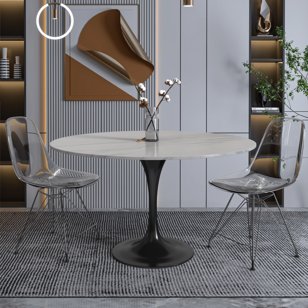 Verve Round Dining Table with MDF/Sintered Stone/Resin Tabletop in Black Stainless Steel Pedestal Base Sintered Stone 48 Inch White Dining Table Leisuremod