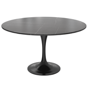 Verve Round Dining Table with MDF/Sintered Stone/Resin Tabletop in Black Stainless Steel Pedestal Base Sintered Stone 48 Inch Black Dining Table Leisuremod