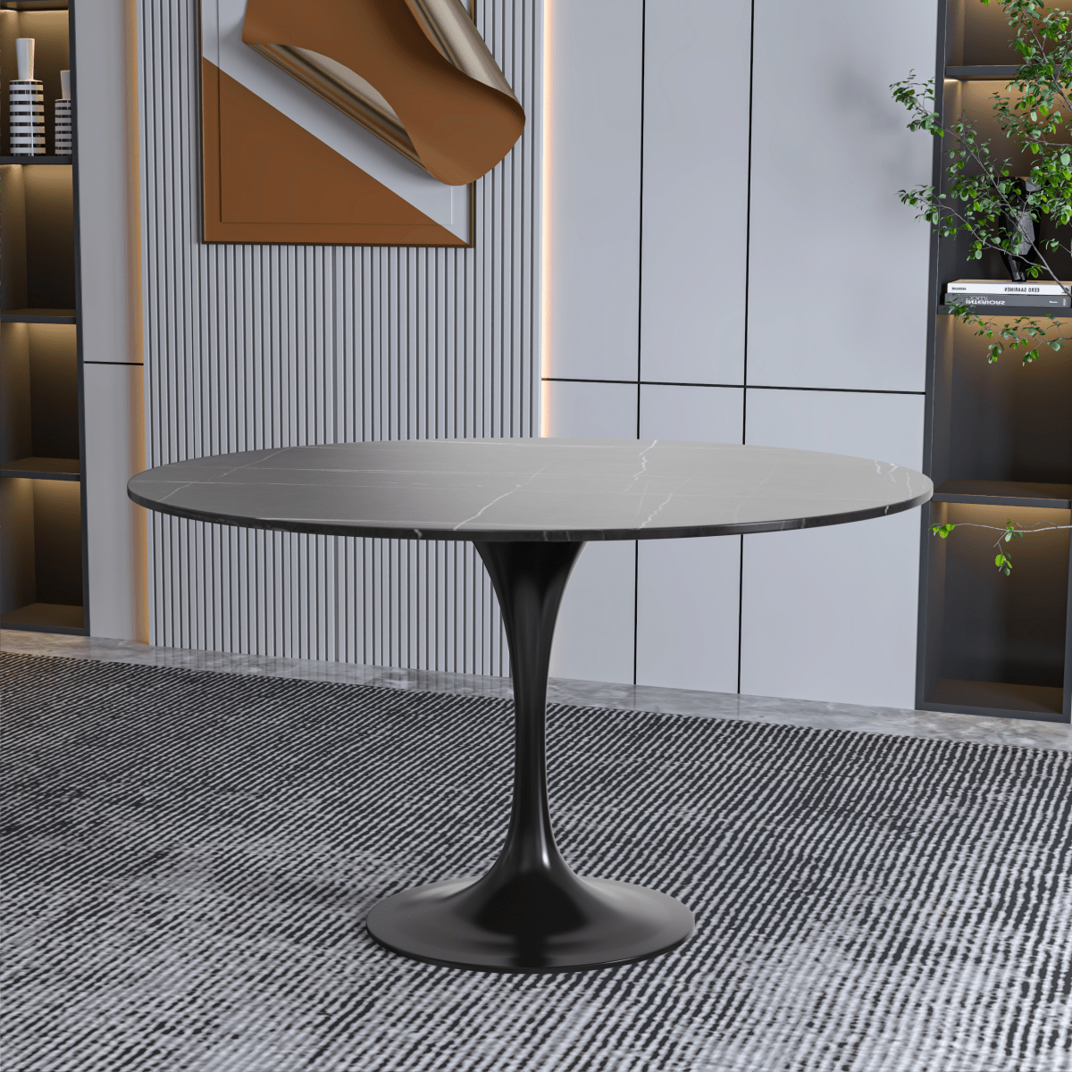 Verve Round Dining Table with MDF/Sintered Stone/Resin Tabletop in Black Stainless Steel Pedestal Base Sintered Stone 48 Inch Black Dining Table Leisuremod