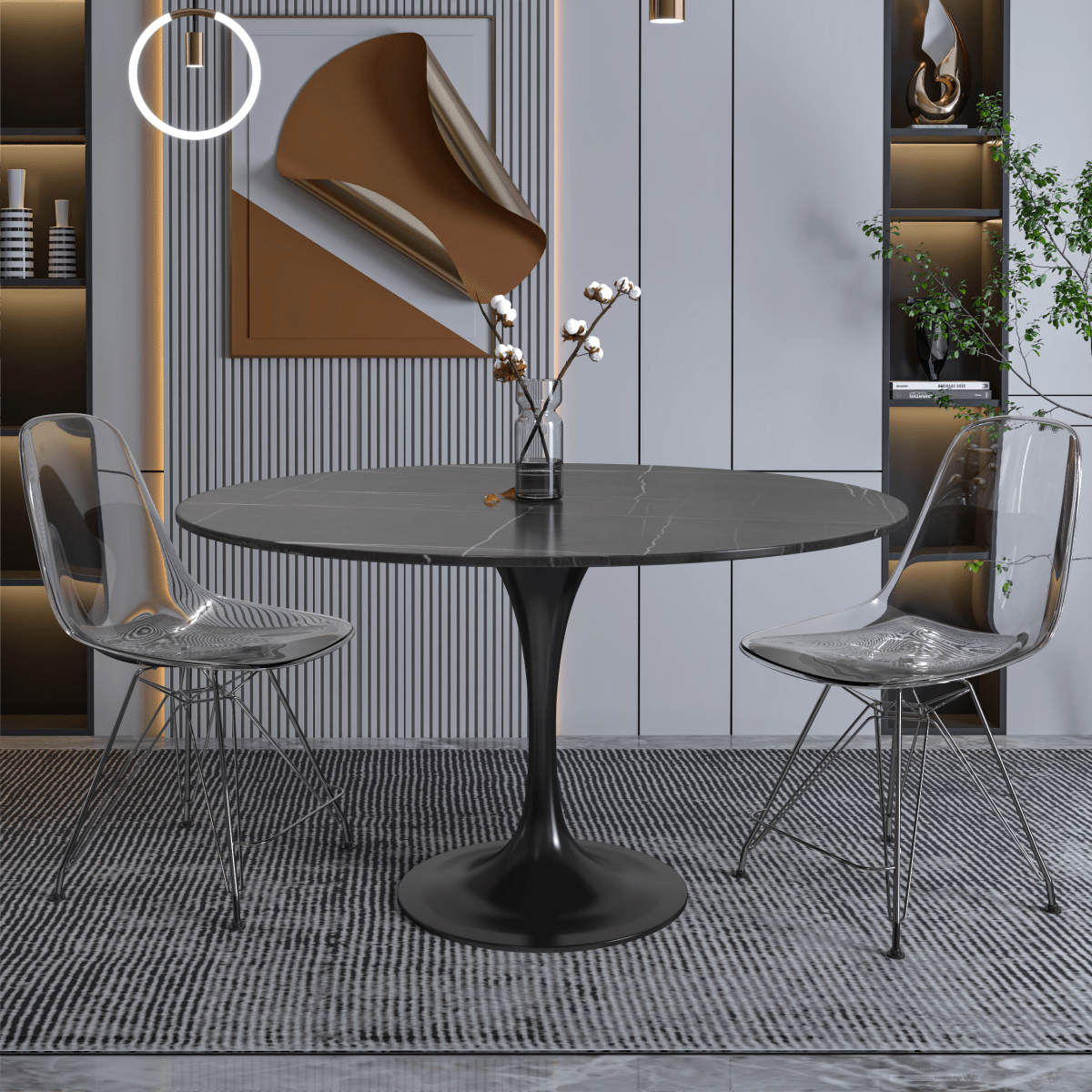 Verve Round Dining Table with MDF/Sintered Stone/Resin Tabletop in Black Stainless Steel Pedestal Base Sintered Stone 48 Inch Black Dining Table Leisuremod