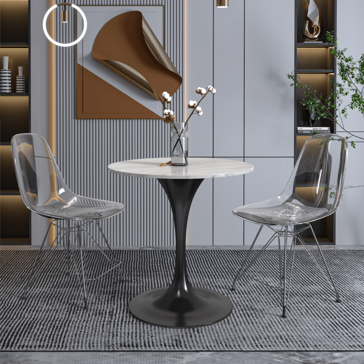 Verve Round Dining Table with MDF/Sintered Stone/Resin Tabletop in Black Stainless Steel Pedestal Base Sintered Stone 27 Inch White Dining Table Leisuremod