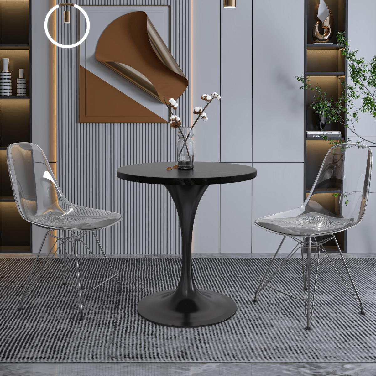 Verve Round Dining Table with MDF/Sintered Stone/Resin Tabletop in Black Stainless Steel Pedestal Base MDF 27 Inch Black Dining Table Leisuremod