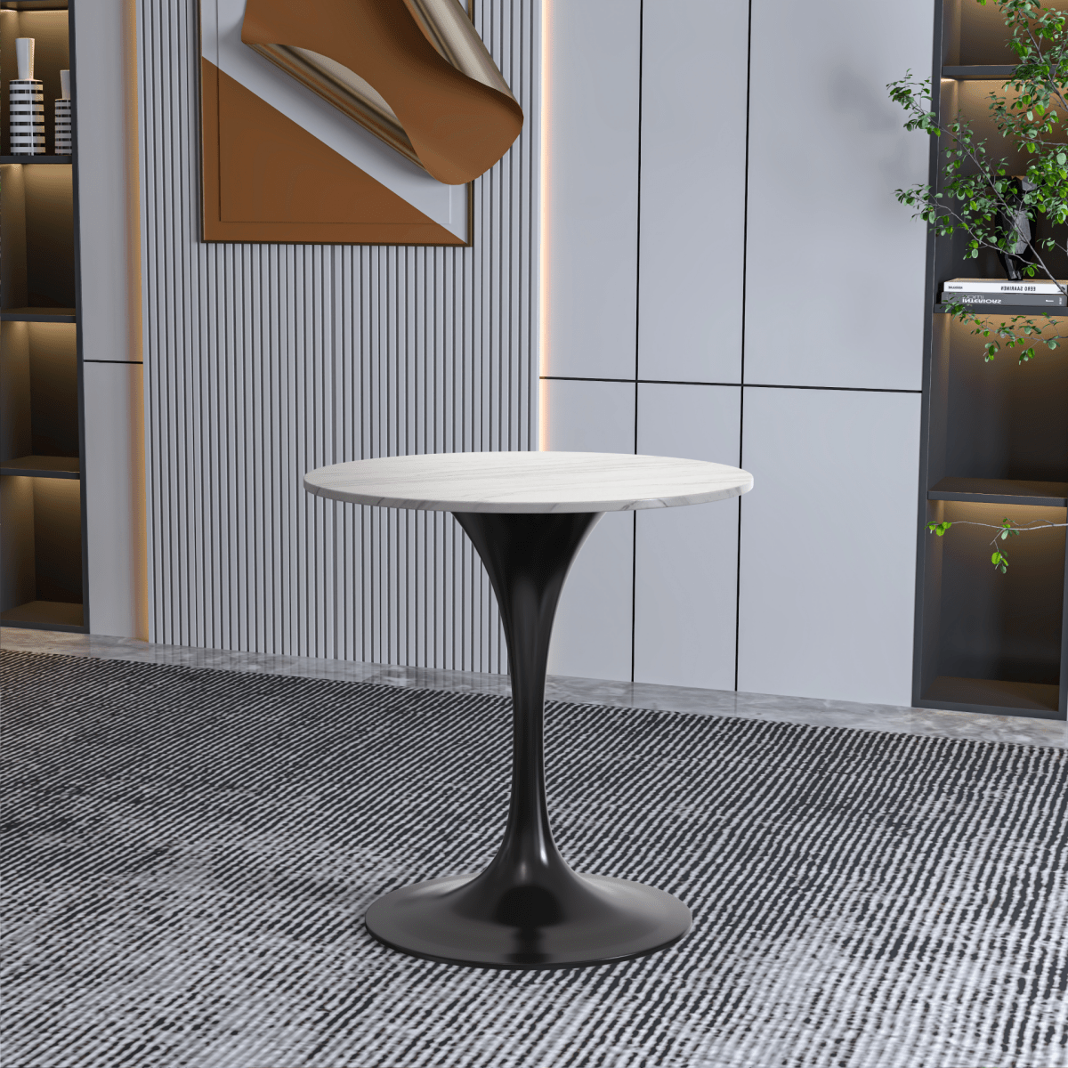 Verve Round Dining Table with MDF/Sintered Stone/Resin Tabletop in Black Stainless Steel Pedestal Base Sintered Stone 27 Inch White Dining Table Leisuremod