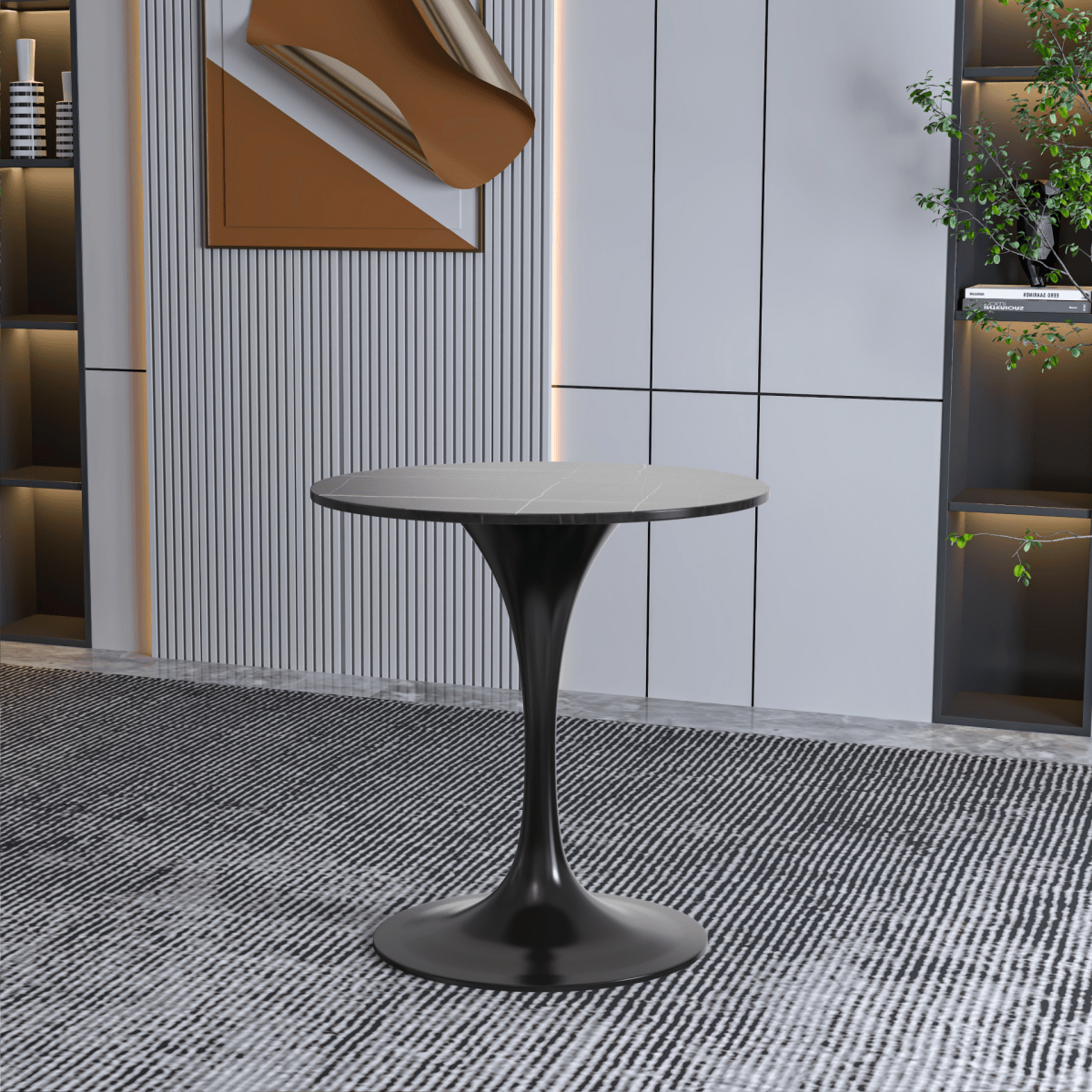 Verve Round Dining Table with MDF/Sintered Stone/Resin Tabletop in Black Stainless Steel Pedestal Base Sintered Stone 27 Inch Black Dining Table Leisuremod