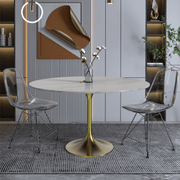Verve Round Dining Table with MDF/Sintered Stone/Resin Tabletop in Gold Stainless Steel Pedestal Base Sintered Stone 48 Inch White Dining Table Leisuremod