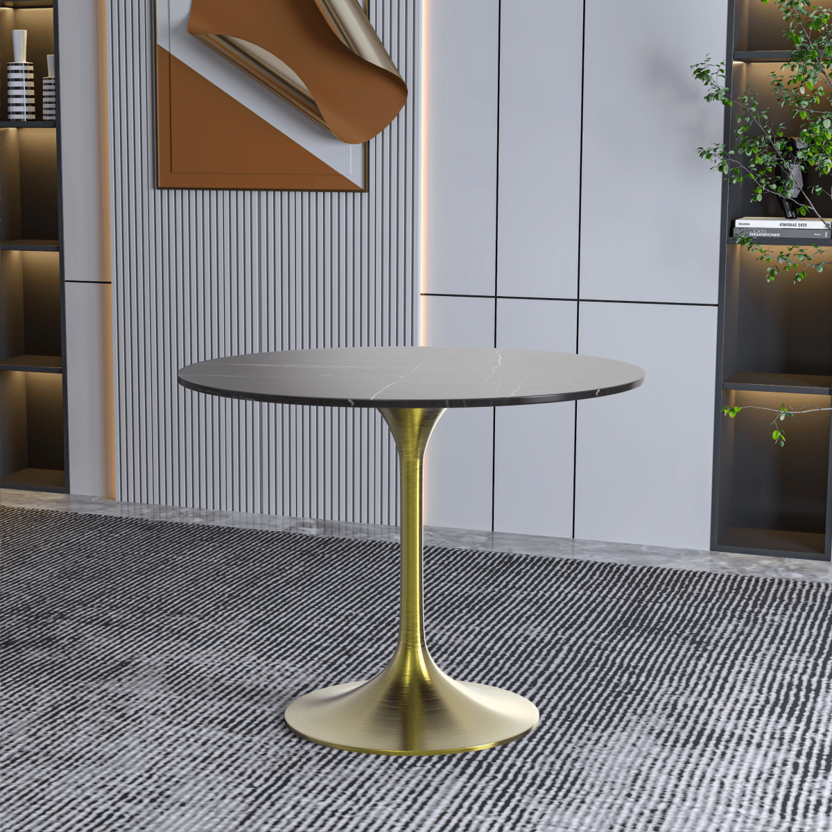 Verve Round Dining Table with MDF/Sintered Stone/Resin Tabletop in Gold Stainless Steel Pedestal Base Sintered Stone 36 Inch Black Dining Table Leisuremod
