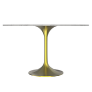 Verve Round Dining Table with MDF/Sintered Stone/Resin Tabletop in Gold Stainless Steel Pedestal Base Sintered Stone 48 Inch White Dining Table Leisuremod