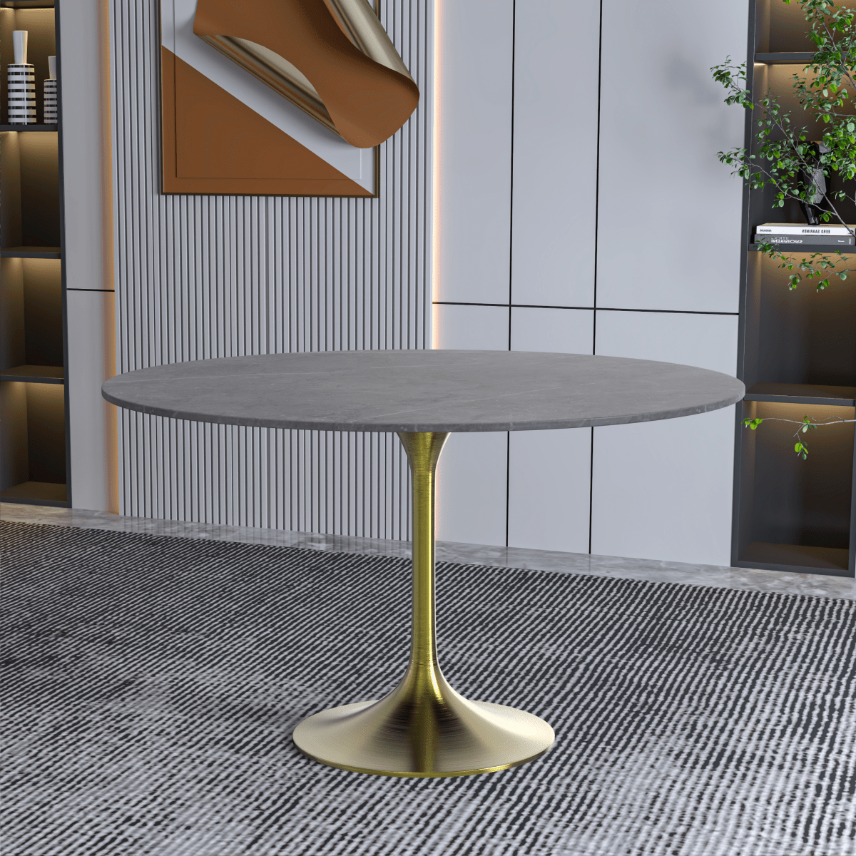 Verve Round Dining Table with MDF/Sintered Stone/Resin Tabletop in Gold Stainless Steel Pedestal Base Sintered Stone 48 Inch Grey Dining Table Leisuremod