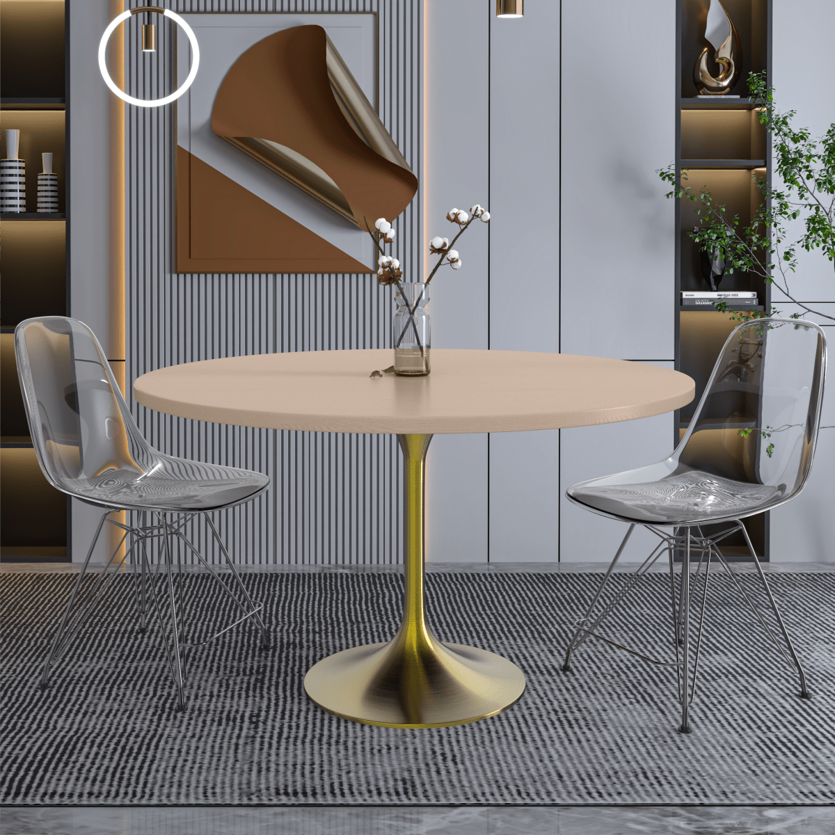 Verve Round Dining Table with MDF/Sintered Stone/Resin Tabletop in Gold Stainless Steel Pedestal Base MDF 48 Inch Natural Wood Dining Table Leisuremod