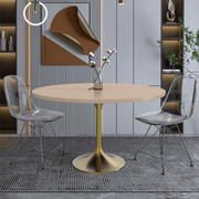 Verve Round Dining Table with MDF/Sintered Stone/Resin Tabletop in Gold Stainless Steel Pedestal Base MDF 48 Inch Natural Wood Dining Table Leisuremod