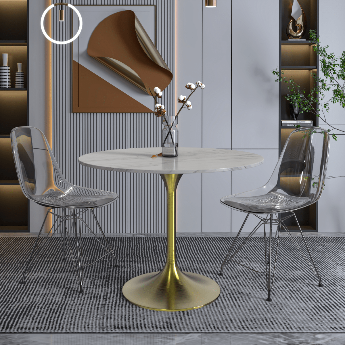 Verve Round Dining Table with MDF/Sintered Stone/Resin Tabletop in Gold Stainless Steel Pedestal Base Sintered Stone 36 Inch White Dining Table Leisuremod