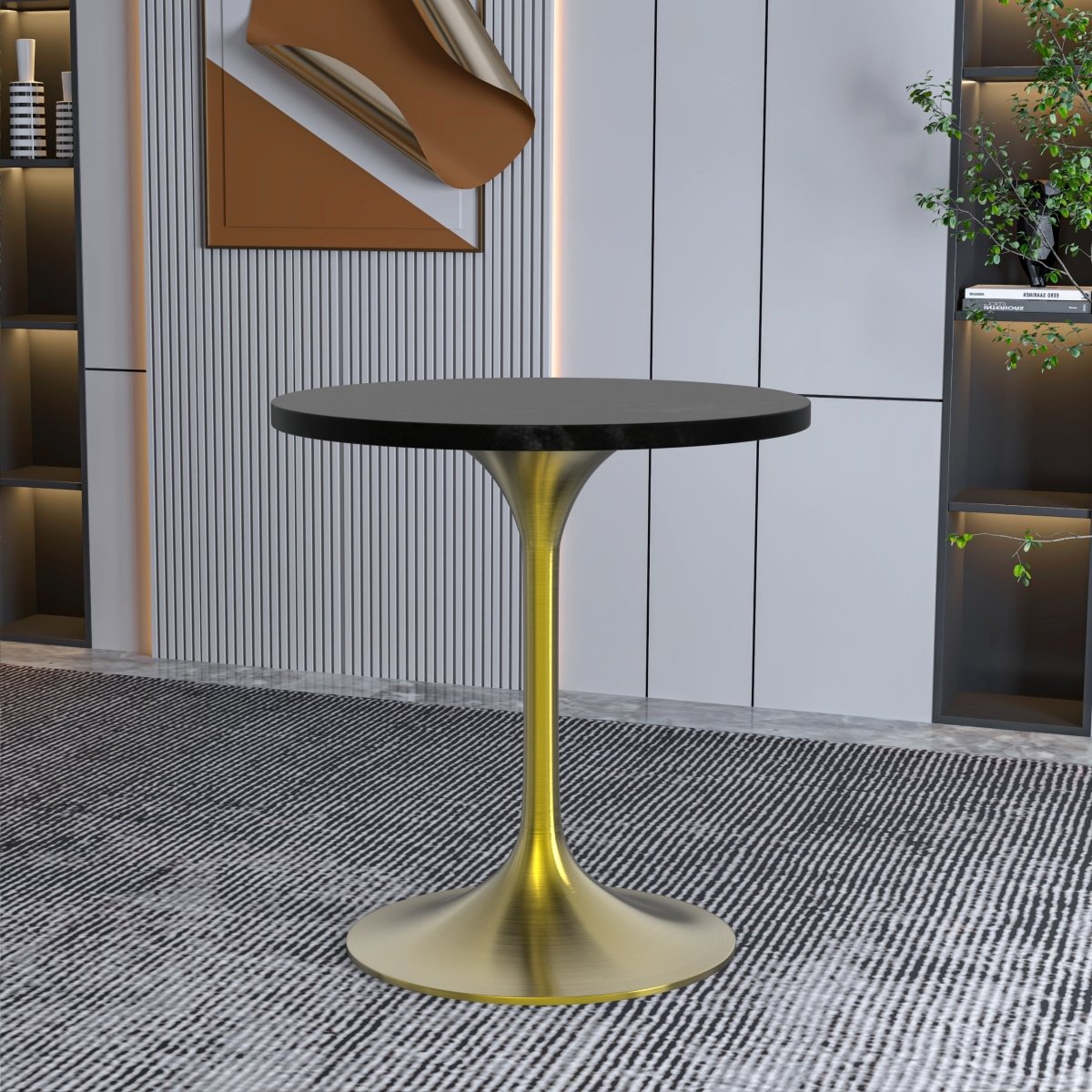 Verve Round Dining Table with MDF/Sintered Stone/Resin Tabletop in Gold Stainless Steel Pedestal Base MDF 27 Inch Black Dining Table Leisuremod