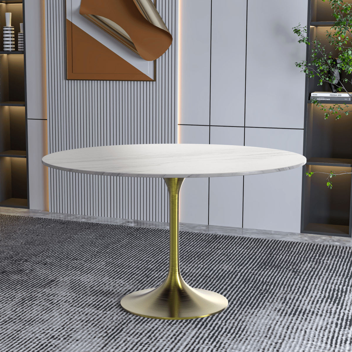 Verve Round Dining Table with MDF/Sintered Stone/Resin Tabletop in Gold Stainless Steel Pedestal Base Sintered Stone 48 Inch White Dining Table Leisuremod