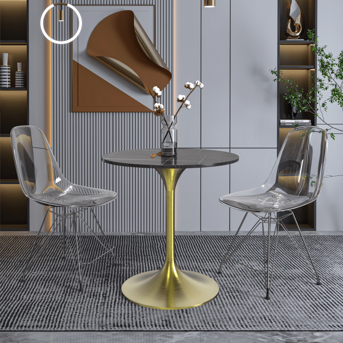 Verve Round Dining Table with MDF/Sintered Stone/Resin Tabletop in Gold Stainless Steel Pedestal Base Sintered Stone 27 Inch Black Dining Table Leisuremod
