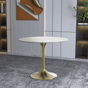 Verve Round Dining Table with MDF/Sintered Stone/Resin Tabletop in Gold Stainless Steel Pedestal Base Sintered Stone 36 Inch White Dining Table Leisuremod