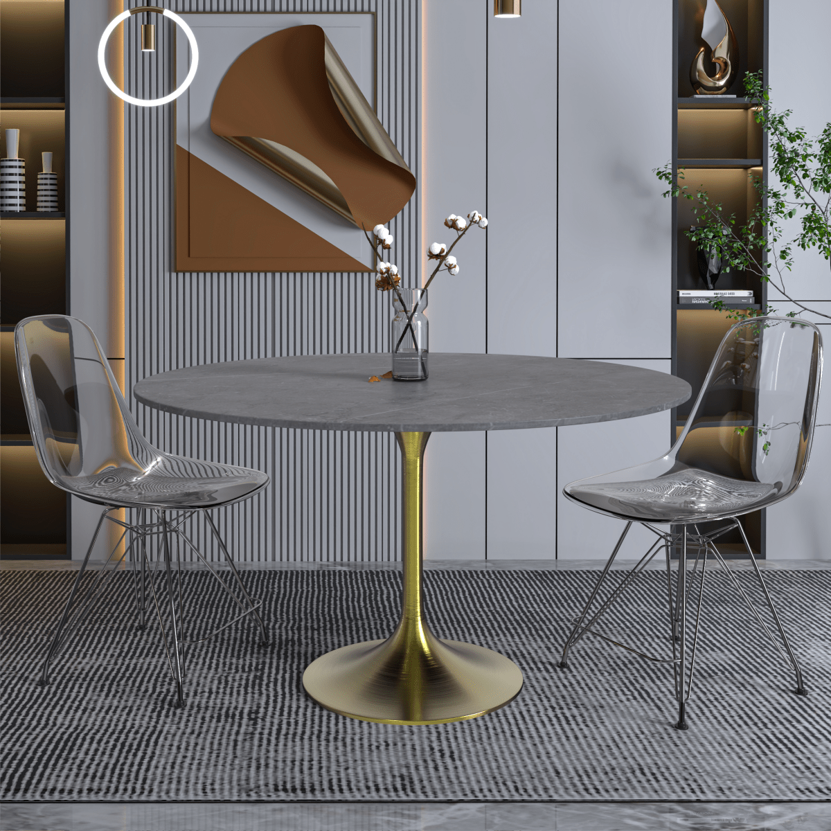 Verve Round Dining Table with MDF/Sintered Stone/Resin Tabletop in Gold Stainless Steel Pedestal Base Sintered Stone 48 Inch Grey Dining Table Leisuremod