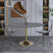 Verve Round Dining Table with MDF/Sintered Stone/Resin Tabletop in Gold Stainless Steel Pedestal Base Sintered Stone 48 Inch Grey Dining Table Leisuremod