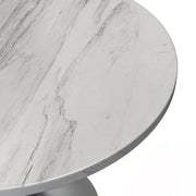 Verve Round Dining Table with MDF/Sintered Stone/Resin Tabletop in Silver Stainless Steel Pedestal Base Resin 36 Inch White Resin Dining Table Leisuremod