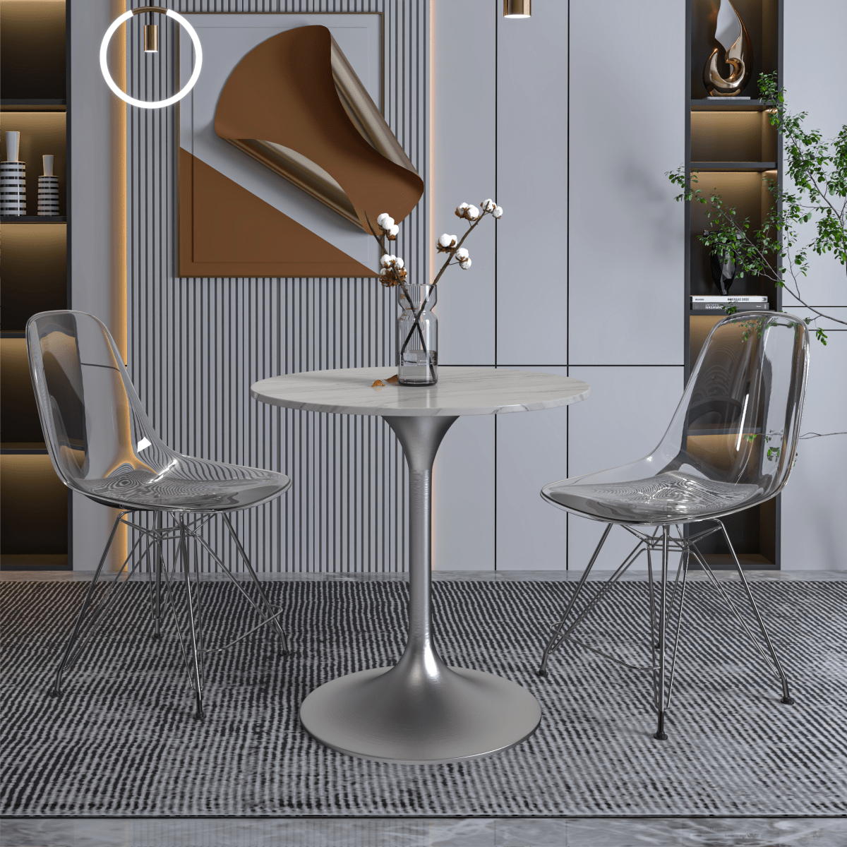 Verve Round Dining Table with MDF/Sintered Stone/Resin Tabletop in Silver Stainless Steel Pedestal Base Sintered Stone 27 Inch White Dining Table Leisuremod