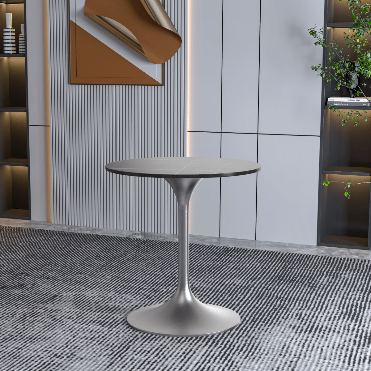 Verve Round Dining Table with MDF/Sintered Stone/Resin Tabletop in Silver Stainless Steel Pedestal Base Sintered Stone 27 Inch Black Stone Dining Table Leisuremod