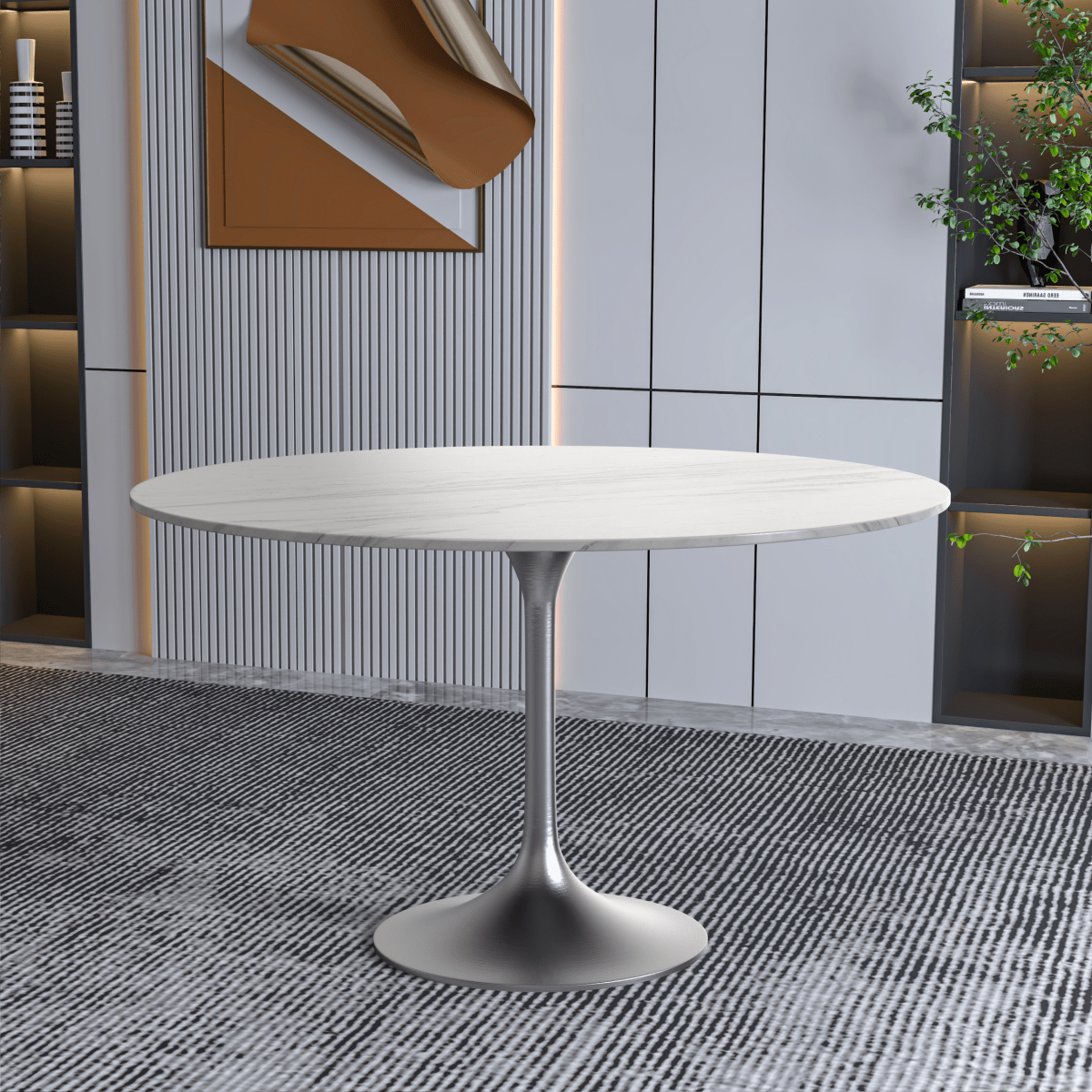 Verve Round Dining Table with MDF/Sintered Stone/Resin Tabletop in Silver Stainless Steel Pedestal Base Sintered Stone 48 Inch White Dining Table Leisuremod