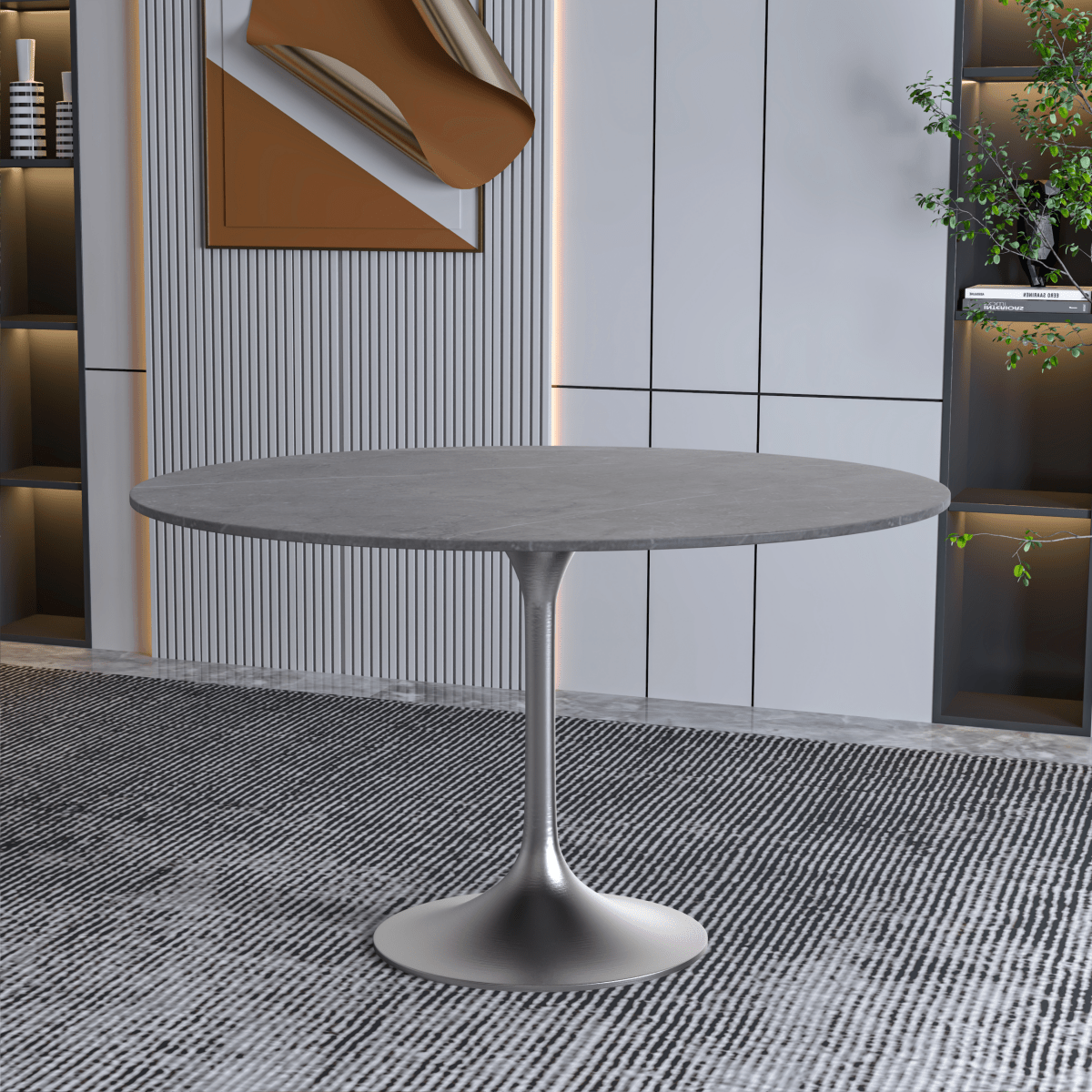 Verve Round Dining Table with MDF/Sintered Stone/Resin Tabletop in Silver Stainless Steel Pedestal Base Sintered Stone 48 Inch Grey Dining Table Leisuremod