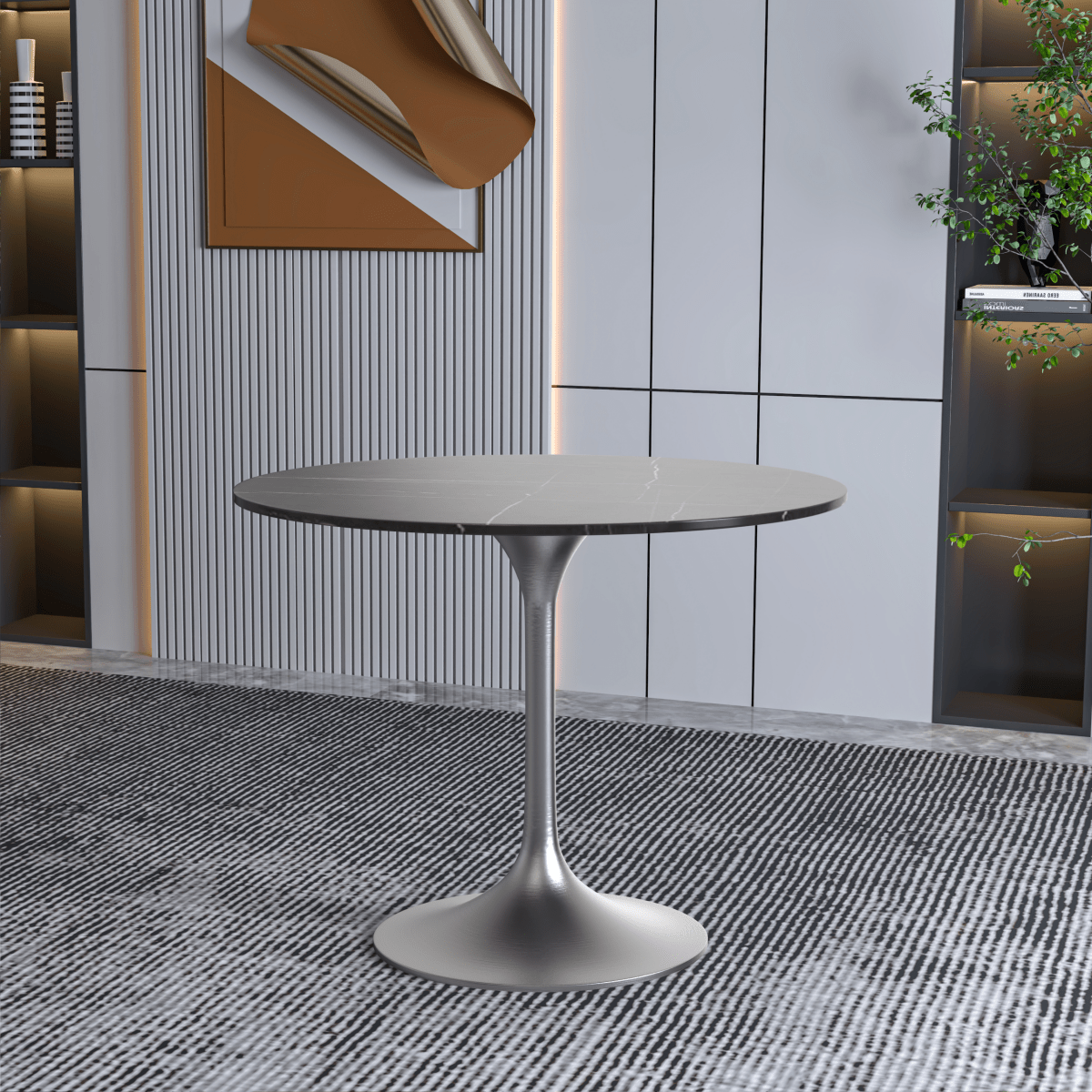 Verve Round Dining Table with MDF/Sintered Stone/Resin Tabletop in Silver Stainless Steel Pedestal Base Sintered Stone 36 Inch Black Stone Dining Table Leisuremod