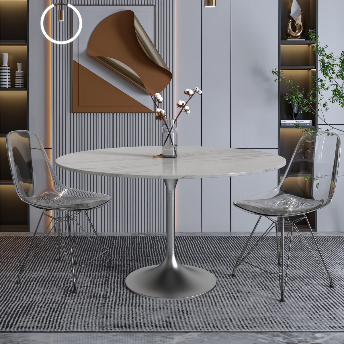 Verve Round Dining Table with MDF/Sintered Stone/Resin Tabletop in Silver Stainless Steel Pedestal Base Sintered Stone 48 Inch White Dining Table Leisuremod