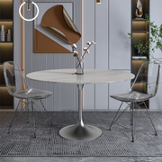Verve Round Dining Table with MDF/Sintered Stone/Resin Tabletop in Silver Stainless Steel Pedestal Base Sintered Stone 48 Inch White Dining Table Leisuremod