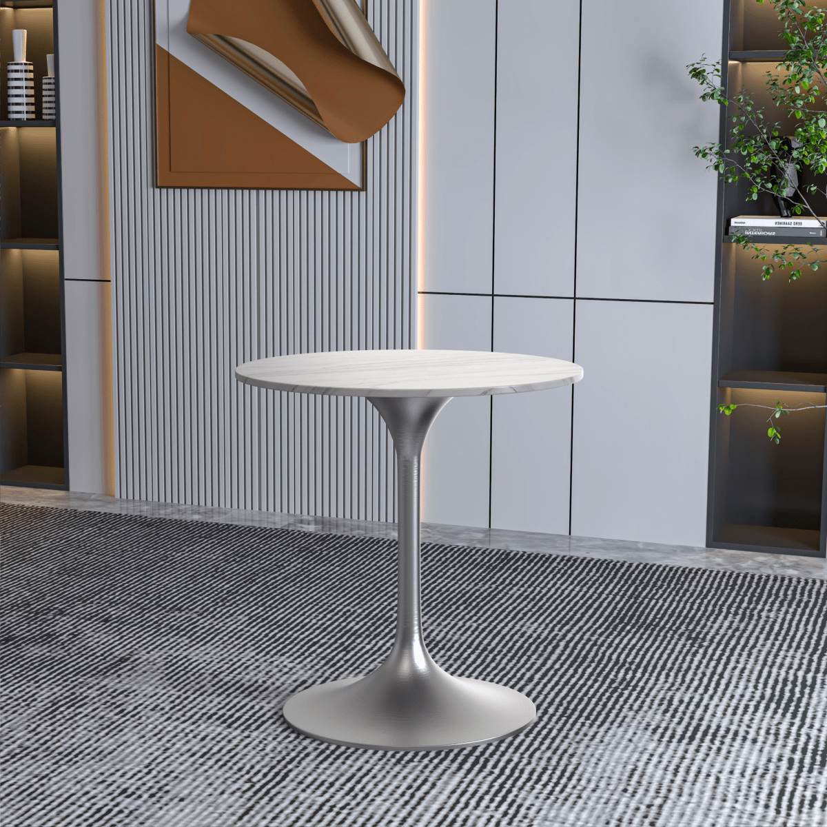 Verve Round Dining Table with MDF/Sintered Stone/Resin Tabletop in Silver Stainless Steel Pedestal Base Sintered Stone 27 Inch White Dining Table Leisuremod