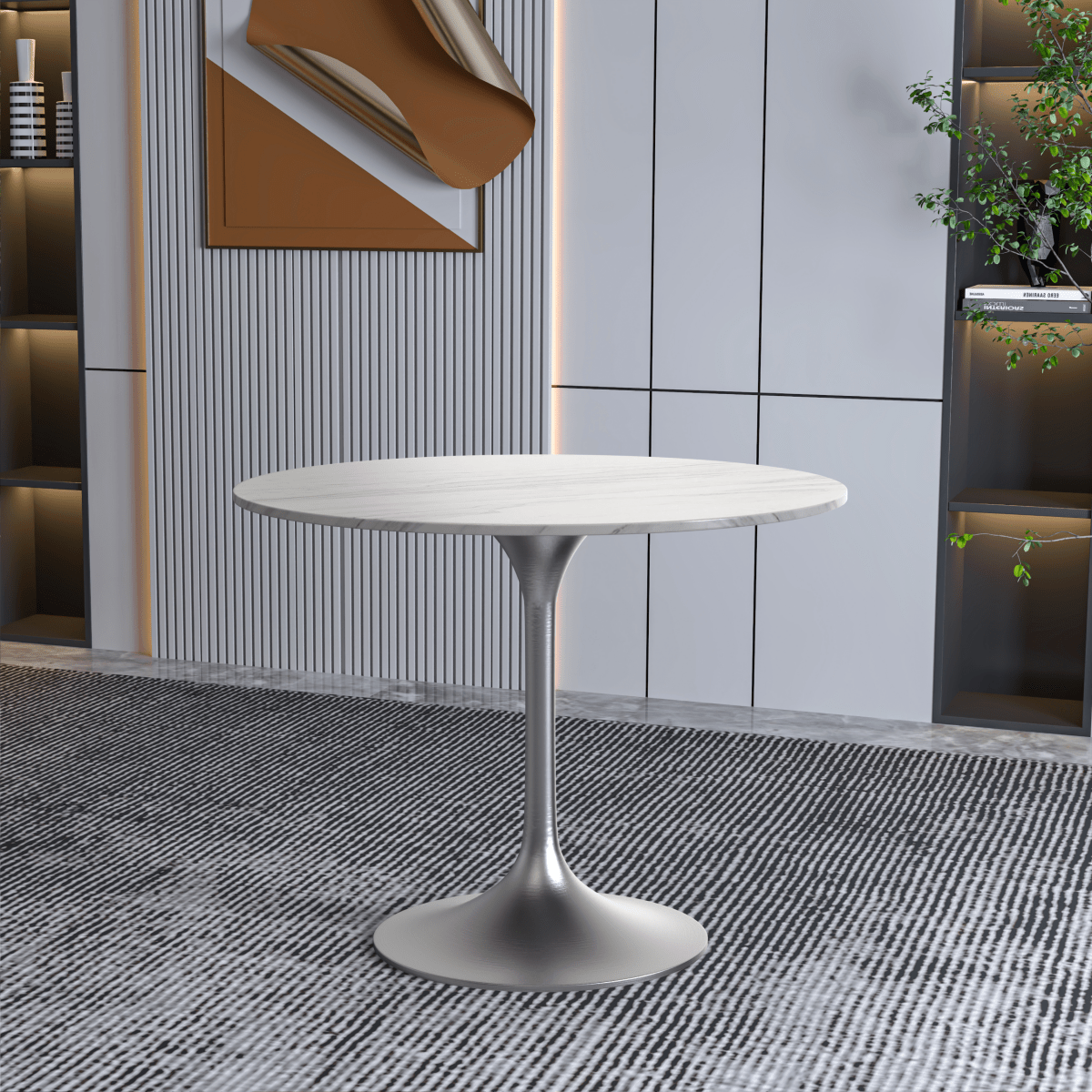 Verve Round Dining Table with MDF/Sintered Stone/Resin Tabletop in Silver Stainless Steel Pedestal Base Sintered Stone 36 Inch White Dining Table Leisuremod