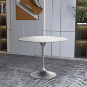 Verve Round Dining Table with MDF/Sintered Stone/Resin Tabletop in Silver Stainless Steel Pedestal Base Sintered Stone 36 Inch White Dining Table Leisuremod