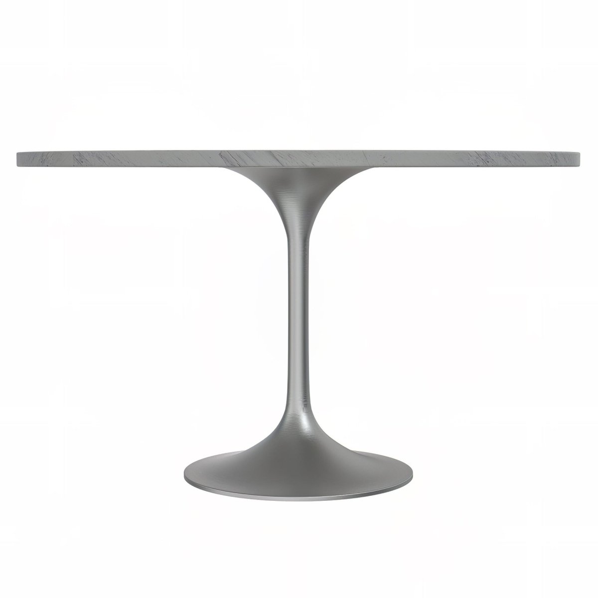 Verve Round Dining Table with MDF/Sintered Stone/Resin Tabletop in Silver Stainless Steel Pedestal Base Resin 48 Inch White Resin Dining Table Leisuremod