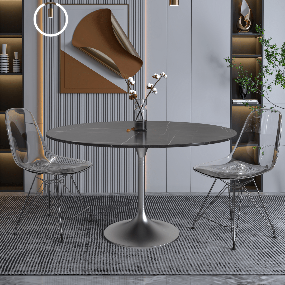Verve Round Dining Table with MDF/Sintered Stone/Resin Tabletop in Silver Stainless Steel Pedestal Base Sintered Stone 48 Inch Black Stone Dining Table Leisuremod