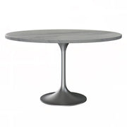 Verve Round Dining Table with MDF/Sintered Stone/Resin Tabletop in Silver Stainless Steel Pedestal Base Resin 48 Inch White Resin Dining Table Leisuremod